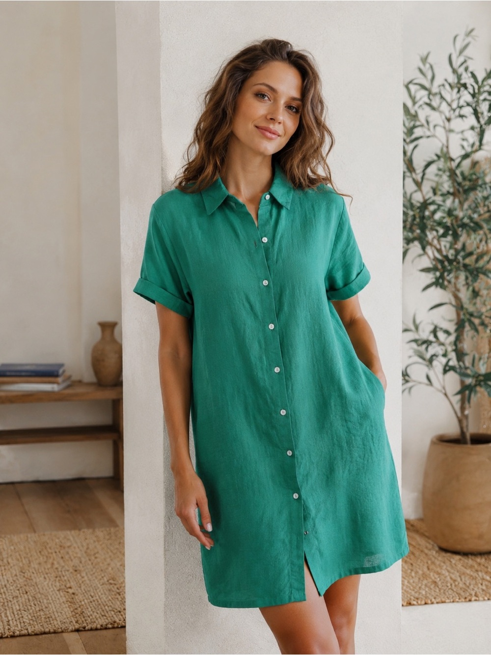 C&C California Green Linen Shirt Dress Size L Pockets